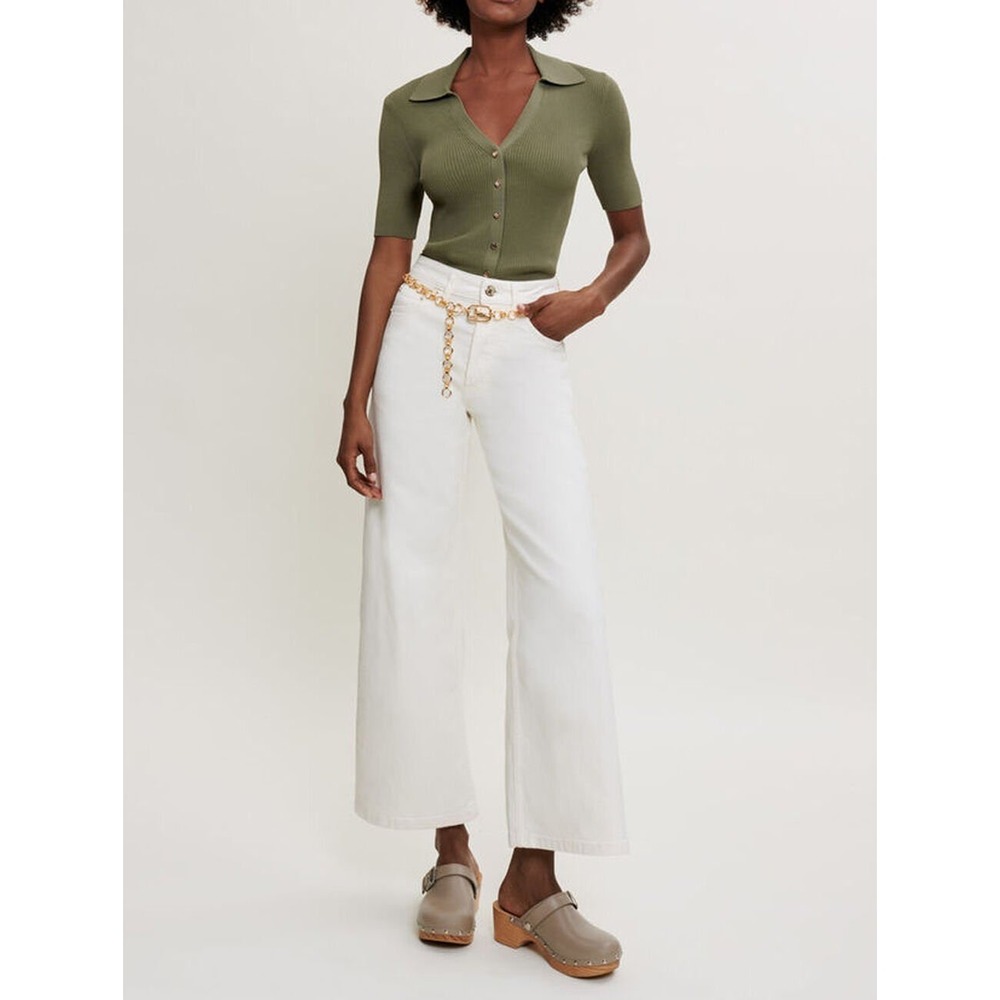 MAJE Mimosally Rib‎ Short Sleeve Button-up Sweater In Khaki retail
$195